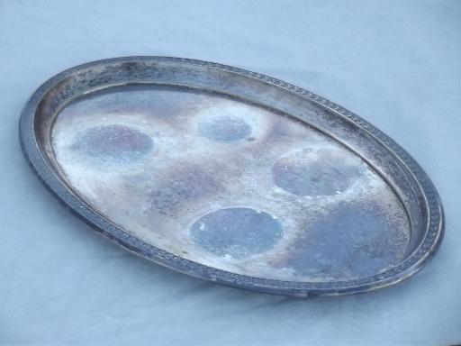 antique silver over brass tray, oval serving tray in vintage silver plate