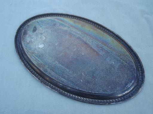 antique silver over brass tray, oval serving tray in vintage silver plate