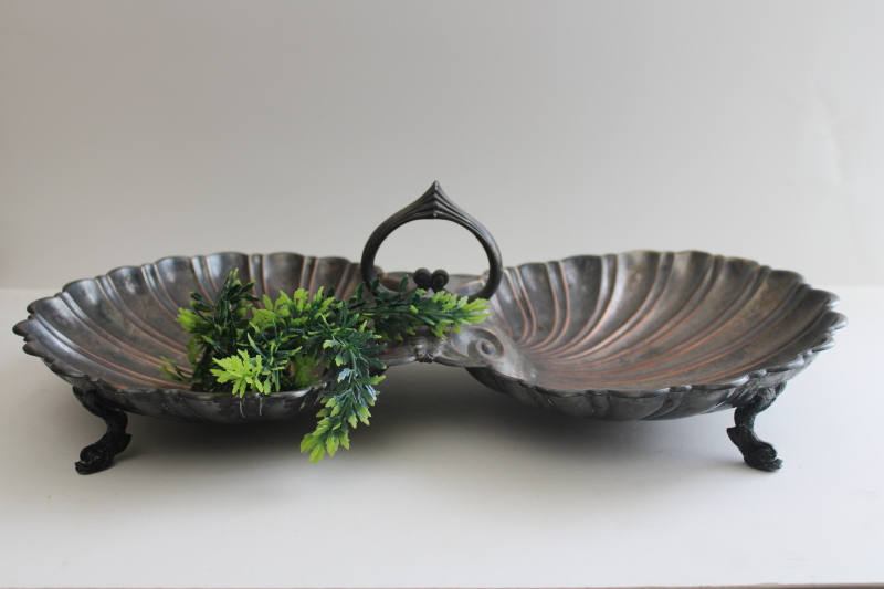 antique silver over copper seashells center handle tray or serving dish, scallop shells