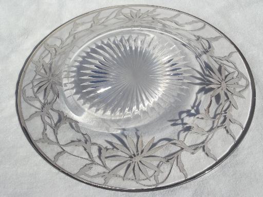 antique silver overlay glass plate, tarnished silver deposit decorated serving plate