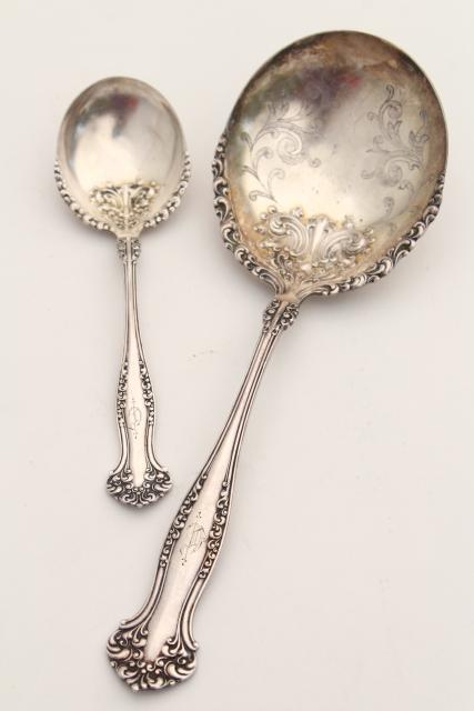 antique silver plate berry scoop spoons, Old English C engraved letter monogram