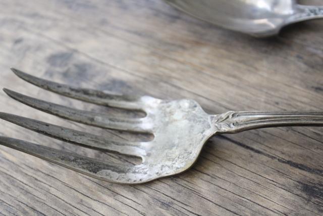 antique silver plate flatware, serving fork & berry scoop spoon w/ mother of pearl shell handles