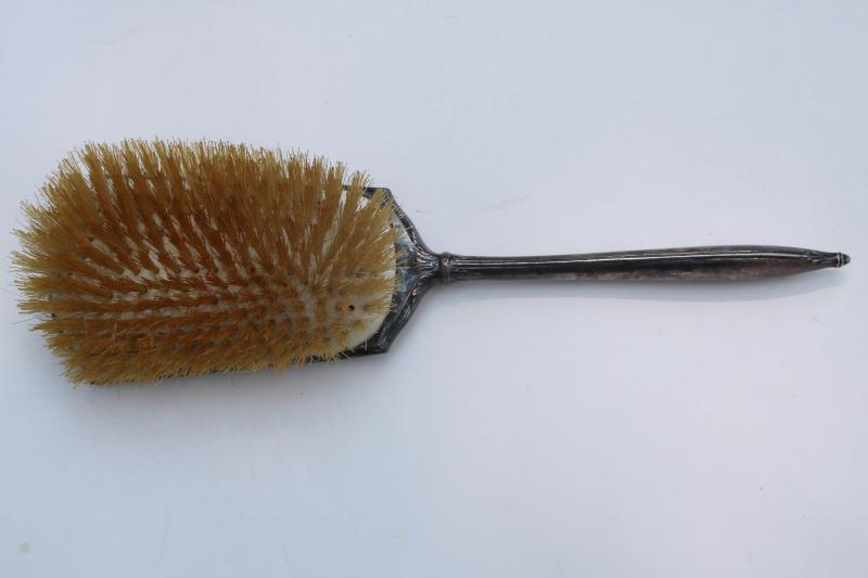 antique silver plate hairbrush, vintage natural bristle brush w/ ornate monogram B