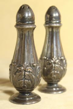 antique silver plate salt and pepper shakers w/ acanthus leaf, early 20th century vintage
