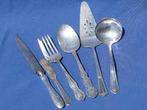 antique silver plate serving pieces, ornate pastry fork, knife etc.