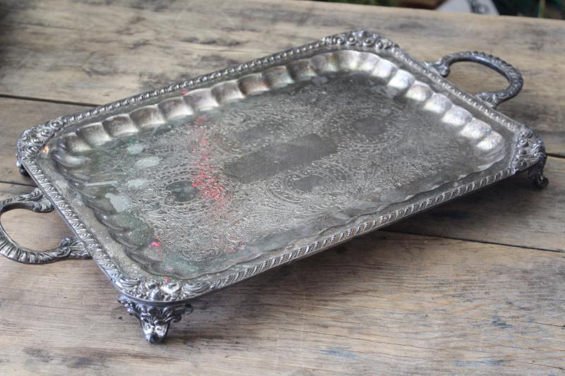 antique silver salver, heavy ornate butler's / waiter's tray early 1900s vintage