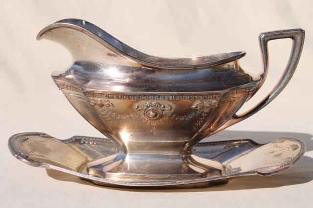 antique silver serving pieces, tarnished old silverplate roast platter, gravy boat dated 1914