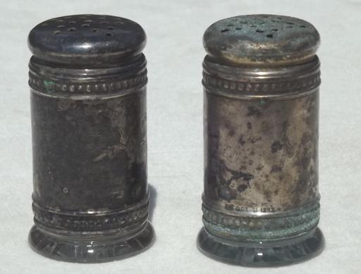 antique silver shaker set w/ glass jars, salt & pepper shakers dated Oct 31 1893