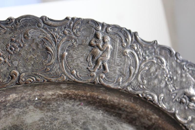 antique silverplate tray or platter, dove birds, musicians & dancers figural border