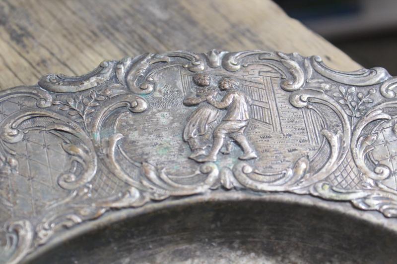 antique silverplate tray or platter, dove birds, musicians & dancers figural border