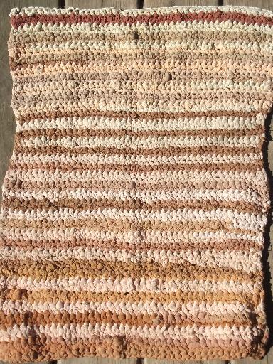 antique slipper rug, handmade crochet boudoir carpet striped in buff & ivory