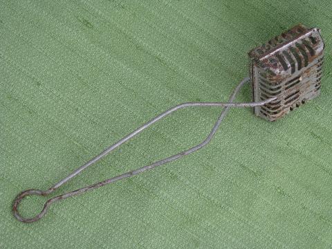 antique soap saver basket w/ long wire handle, old laundry soap holder