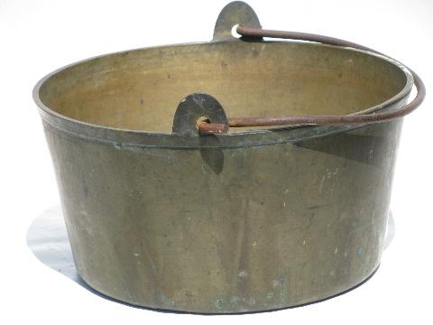 antique solid brass jelly kettle, large heavy cauldron pot from England