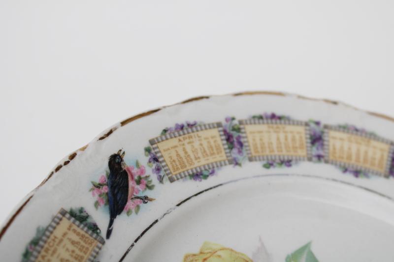 antique song birds china plate, 1918 calendar w/ bluebirds, shabby cottage chic
