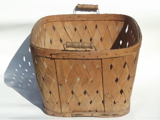 antique splint wash basket w/ wood handles, vintage primitive storage