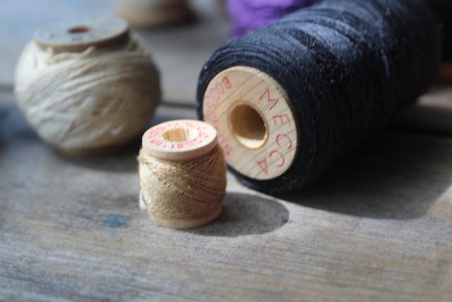 antique spools of sewing thread & wood spools w/ old cotton string, primitive style