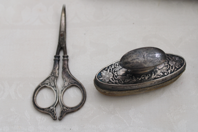 antique sterling silver dressing table set, vanity set jars, brush, scissors etc