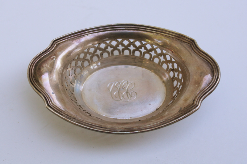 antique sterling silver nut bowl w/ pierced border, small trinket dish engraved script monogram