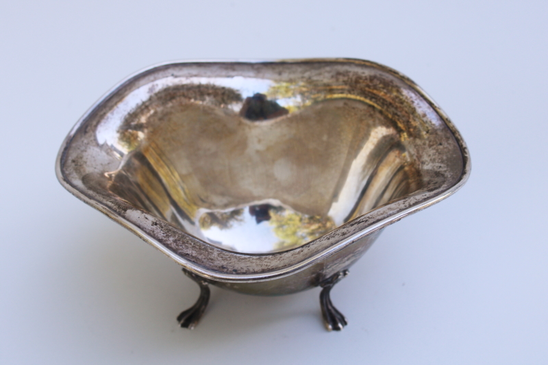 antique sterling silver paw foot bonbon dish, tarnished vintage silver bowl engraved monogram CCC