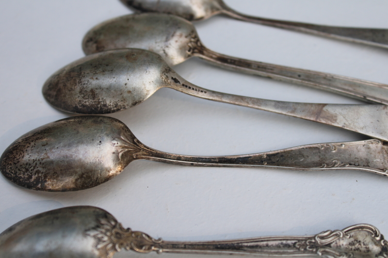 antique sterling silver spoons, tiny teaspoons or coffee spoons mismatched silverware Victorian vintage