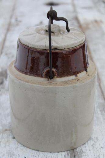 antique stoneware crock jar for pickles or fruit preserves, bail lid crock