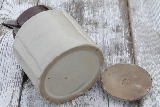 antique stoneware crock jar for pickles or fruit preserves, bail lid crock