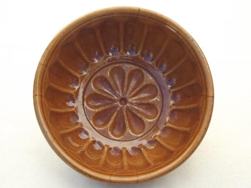 antique stoneware pudding mold, shabby old brown pottery  pudding mold 