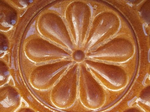 antique stoneware pudding mold, shabby old brown pottery  pudding mold 