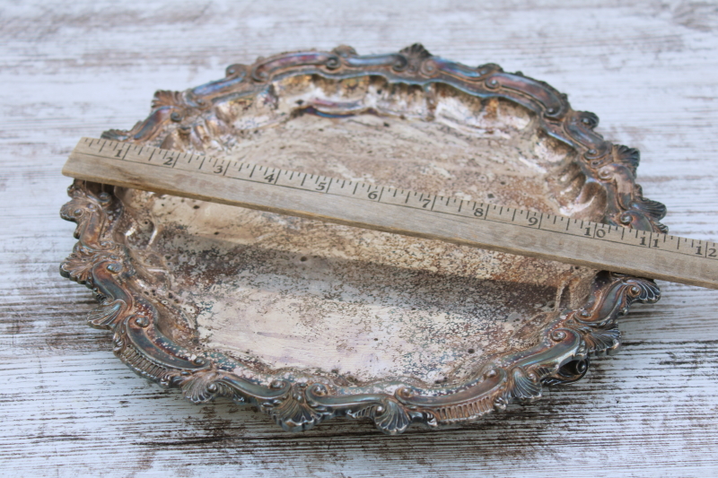 antique tarnished silver plate footed tray, very ornate round stand Victorian style vintage