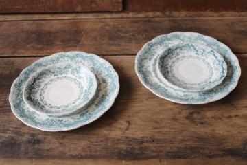 antique teal green transferware china plates, Colonial Pottery England Lucerne pattern