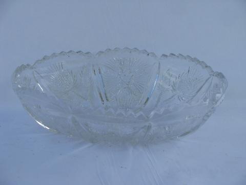 antique thistle flower pattern vintage pressed glass oval bowl, old EAPG