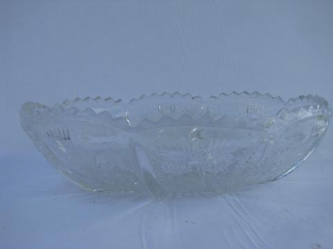 antique thistle flower pattern vintage pressed glass oval bowl, old EAPG