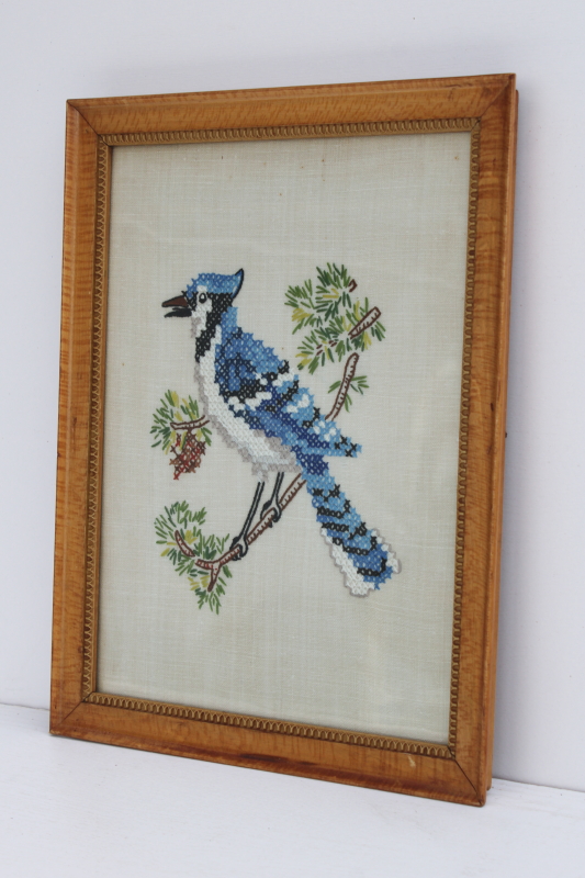 antique tiger birdseye maple picture frame, wood plank back frame w/ vintage needlework