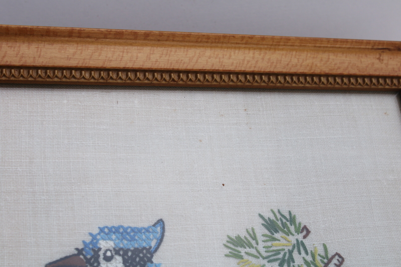 antique tiger birdseye maple picture frame, wood plank back frame w/ vintage needlework