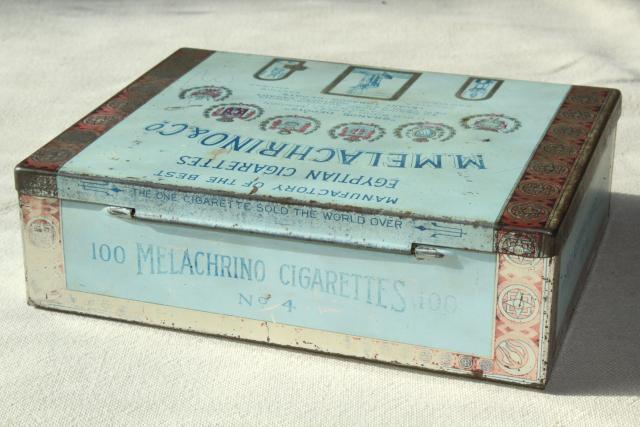 antique tin Melachrino Egyptian cigarettes, early 1900s vintage cigarette box tobacciana