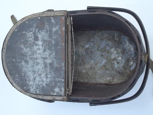 antique tin lined insulated picnic basket, 1930s vintage picnic hamper 