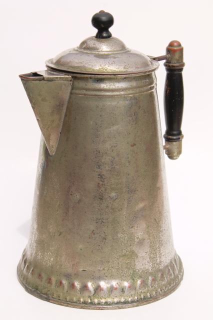 antique tin plated copper coffee pot, wood stove vintage coffeepot w/ wood handl