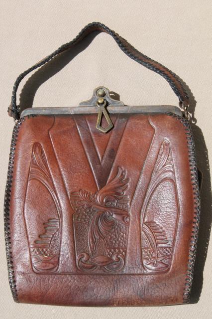 antique tooled leather purse, early 1900s vintage Jemco handbag w ...