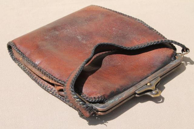 antique tooled leather purse, early 1900s vintage Jemco handbag w ...