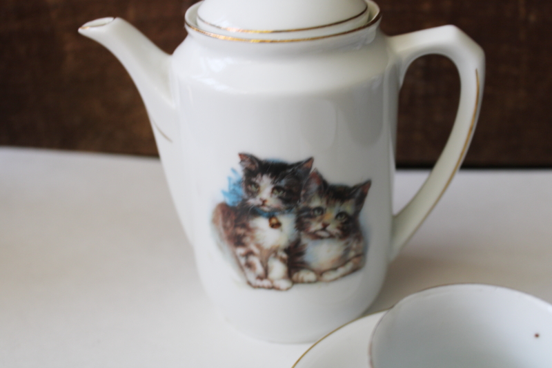 antique toy tea set, childs size china doll dishes w/ kittens, early 1900s vintage Bavaria