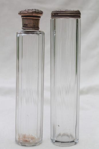 antique train case bottles or vanity table jars w/ sterling silver lids 