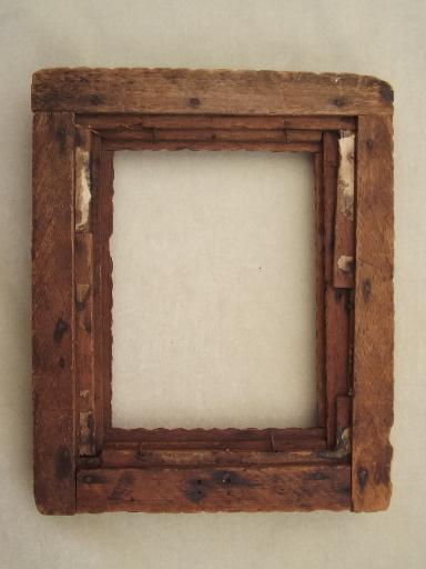 antique tramp art hand carved wood frame, for mirror or picture frame