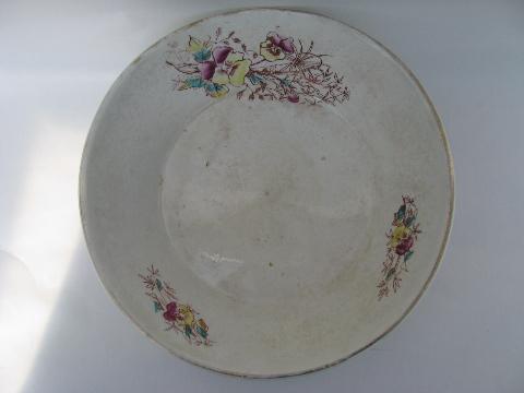 antique transferware china bowl, cream pan shape, pansies