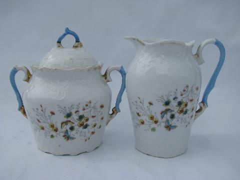 antique transferware china tea or coffee set, flowers and butterflies, vintage Germany?