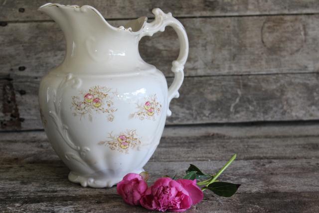 antique transferware china water pitcher, shabby cottage chic wildflowers floral