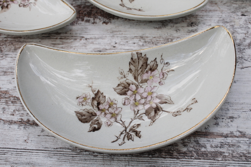 antique transferware ironstone china crescent shape plates bone dishes, pink  brown floral