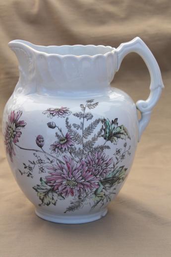 antique transferware wash pitcher water jug, multi-colored floral pattern