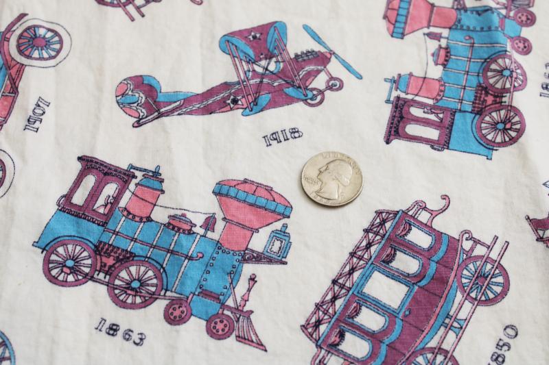 antique transportion vehicles print sheeting weight cotton fabric, mid-century vintage 
