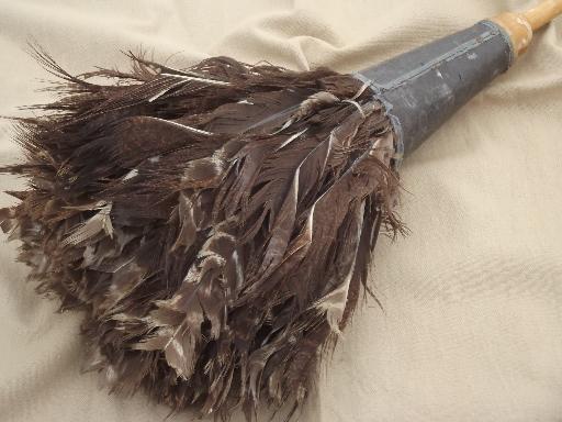 antique turkey feather duster w/ old wooden handle, early 1900s vintage