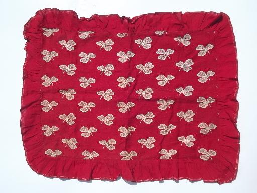 antique turkey red linen pillow cover, white clover on red fabric